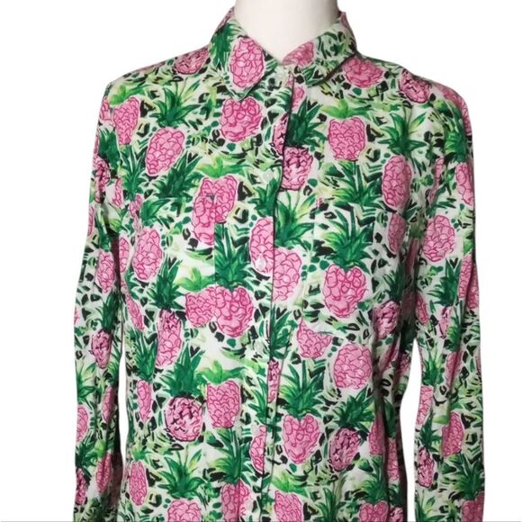 Charter Club Luxury Linen Bright Pineapple Print Roll Tab Sleeves Size Medium - Picture 10 of 10